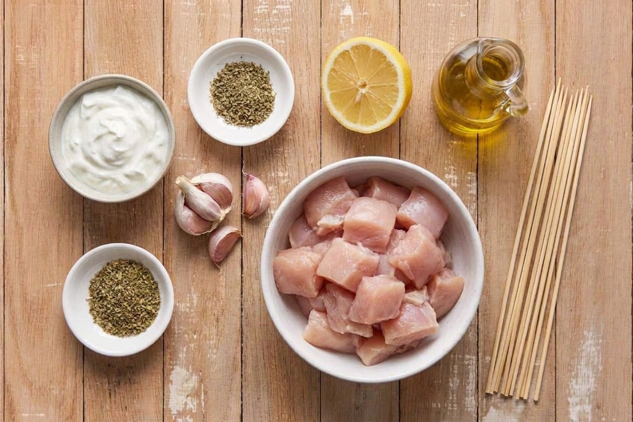 Lemon, garlic, olive oil, oregano, Greek yogurt, chicken pieces, and skewers arranged on a bright kitchen counter