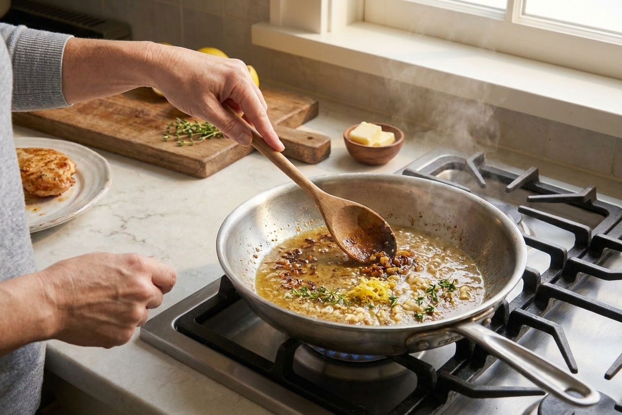Lemon garlic pan sauce bubbling gently as browned bits are stirred into it