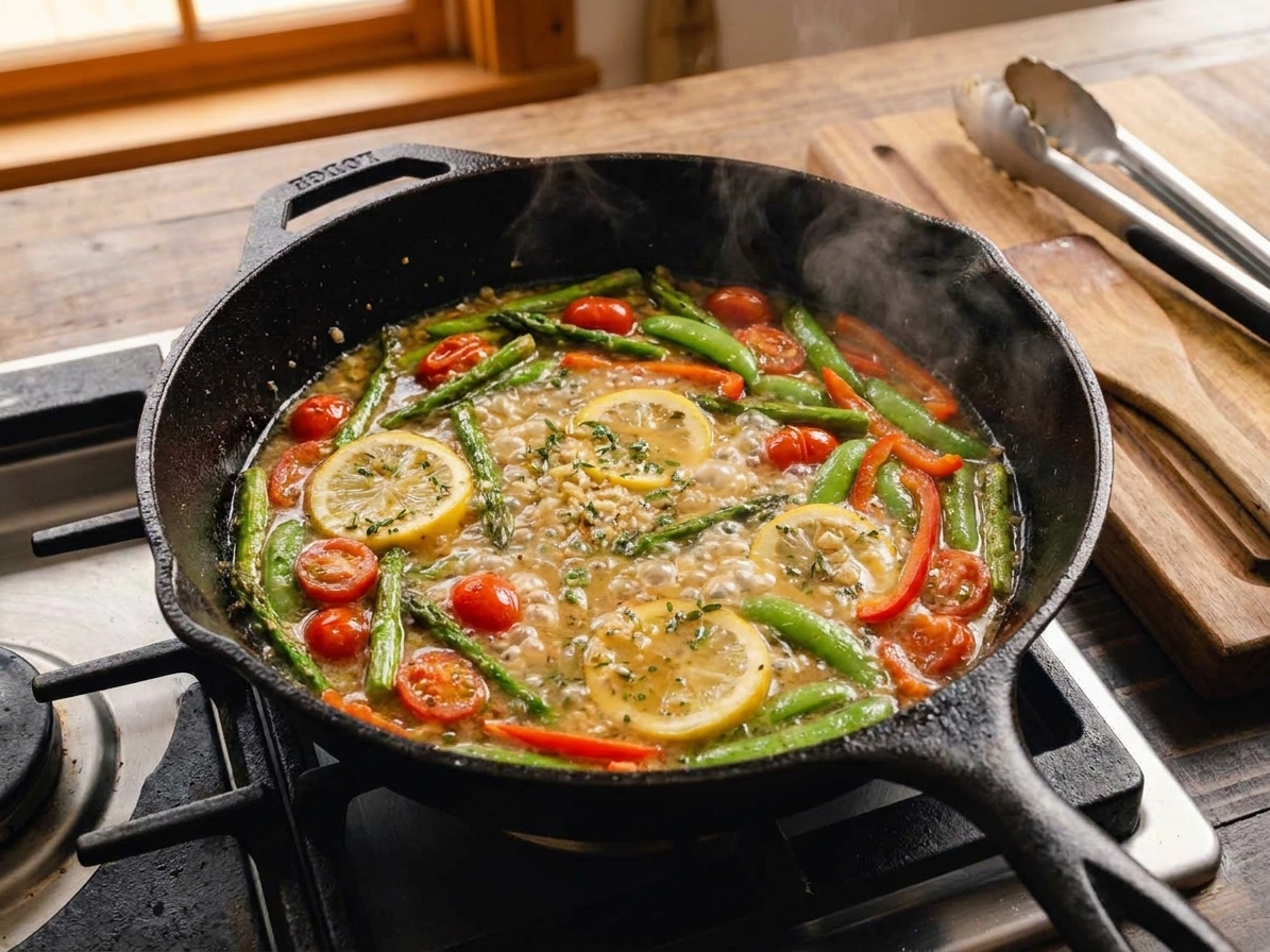 Lemon garlic pan sauce bubbling in a skillet with sautéed vegetables
