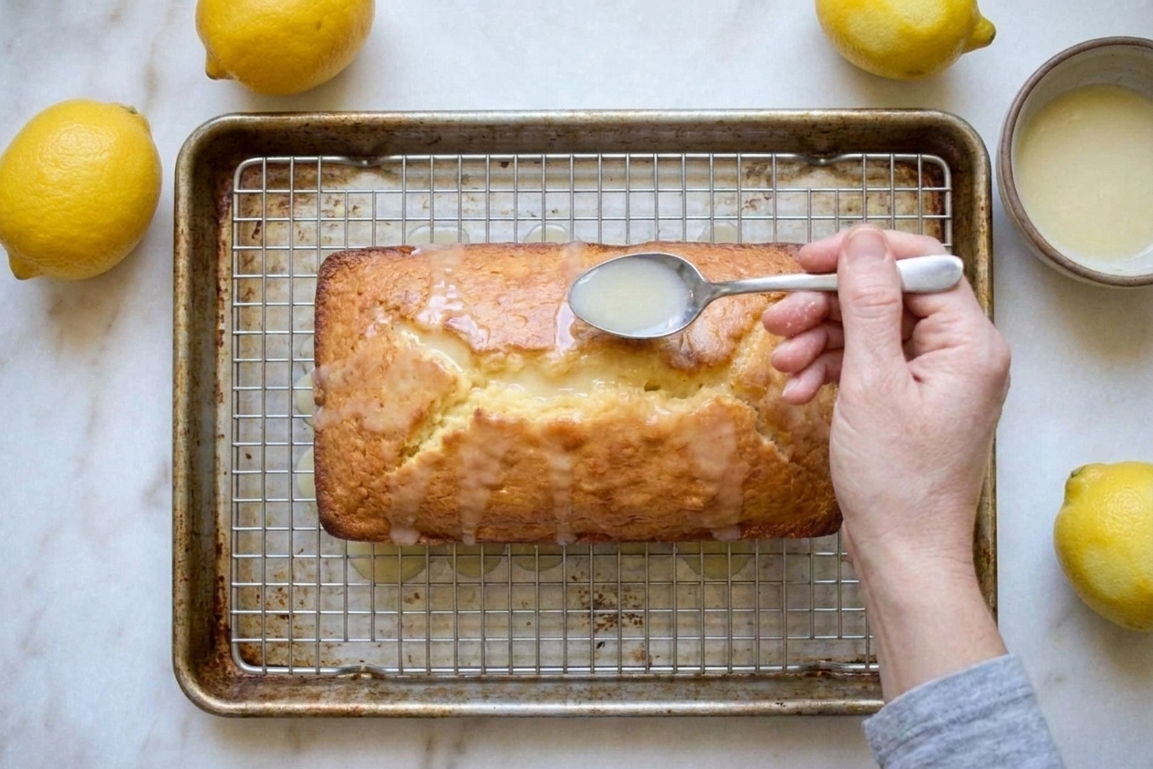 Lemon glaze being drizzled over a cooled pound cake loaf on a wire rack with a sheet pan underneath