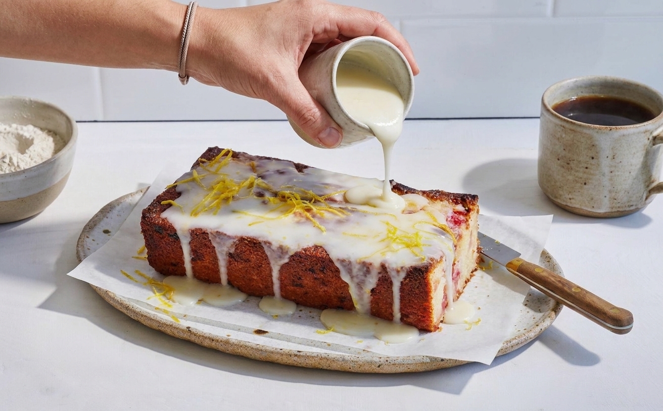 Lemon glaze being drizzled over a cooled strawberry bread loaf on a parchment-lined baking sheet in a home kitchen