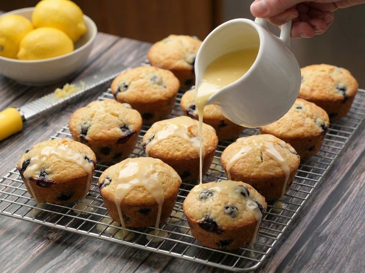 Lemon glaze being drizzled over a cooling rack of gluten free blueberry muffins in a bright kitchen
