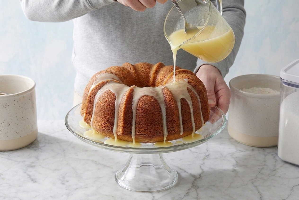 Lemon glaze being poured over a cooled 7UP pound cake on a cake stand with glaze running down the ridges
