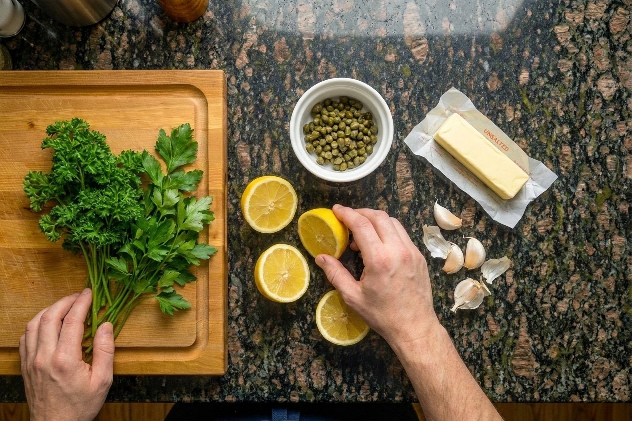 Lemon halves, a small bowl of capers, butter, garlic cloves, and parsley arranged on a clean kitchen counter