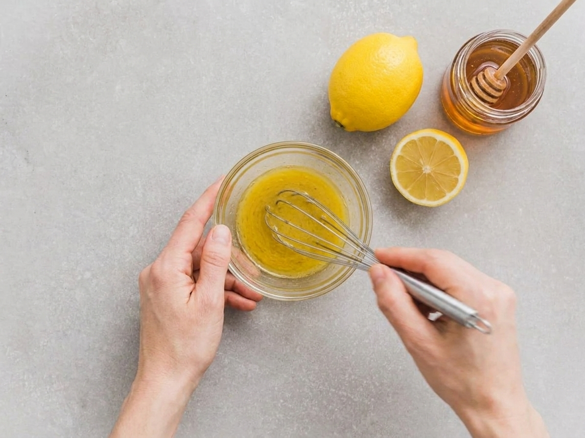 Lemon honey vinaigrette being whisked in a small glass bowl with lemon nearby