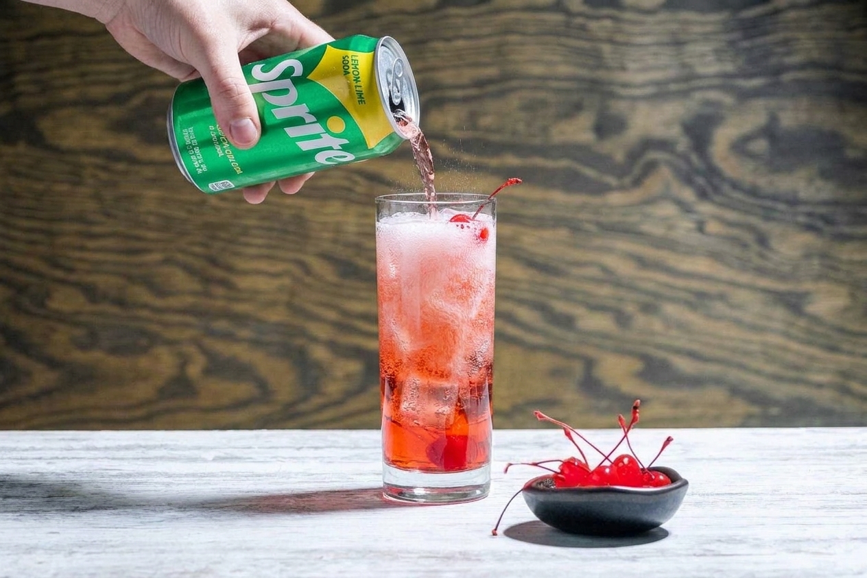 Lemon-lime soda being poured into a pink-red cocktail in a tall glass, bubbles rising through the ice