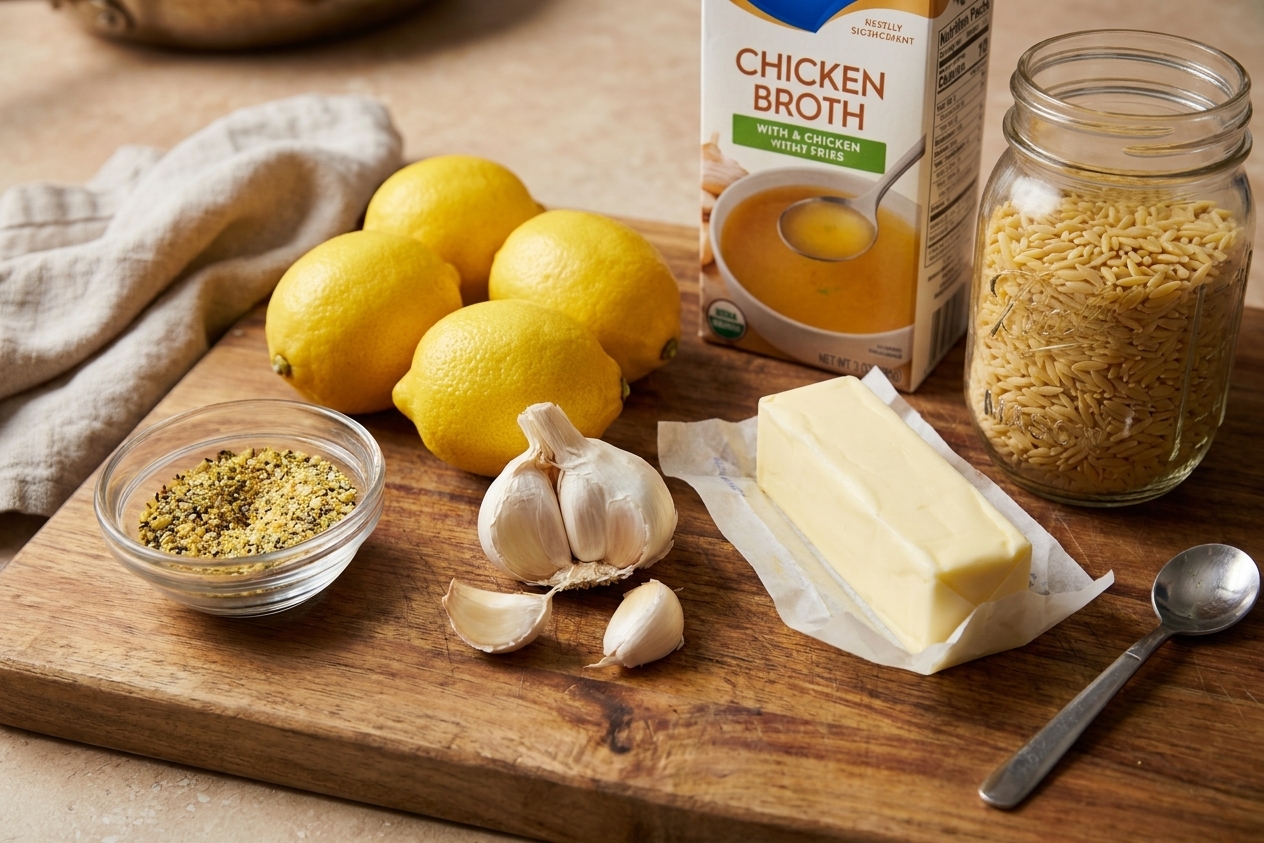 Lemon pepper seasoning, whole lemons, garlic, butter, chicken broth, and dry orzo arranged on a kitchen counter
