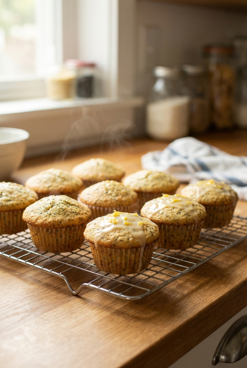 Lemon poppy seed muffins on a cooling rack in soft daylight