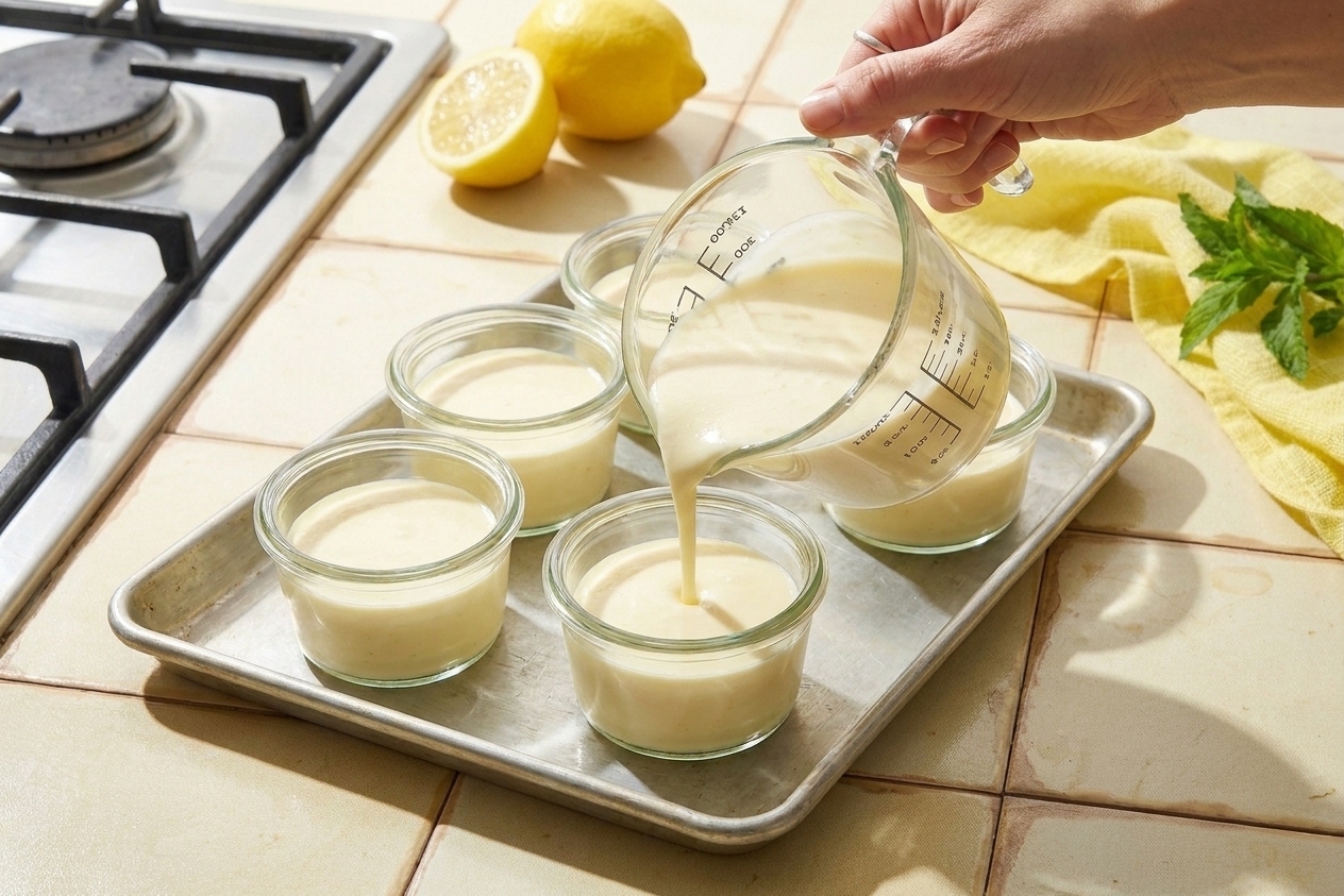 Lemon posset mixture being poured from a measuring jug into small glass dessert cups on a baking sheet