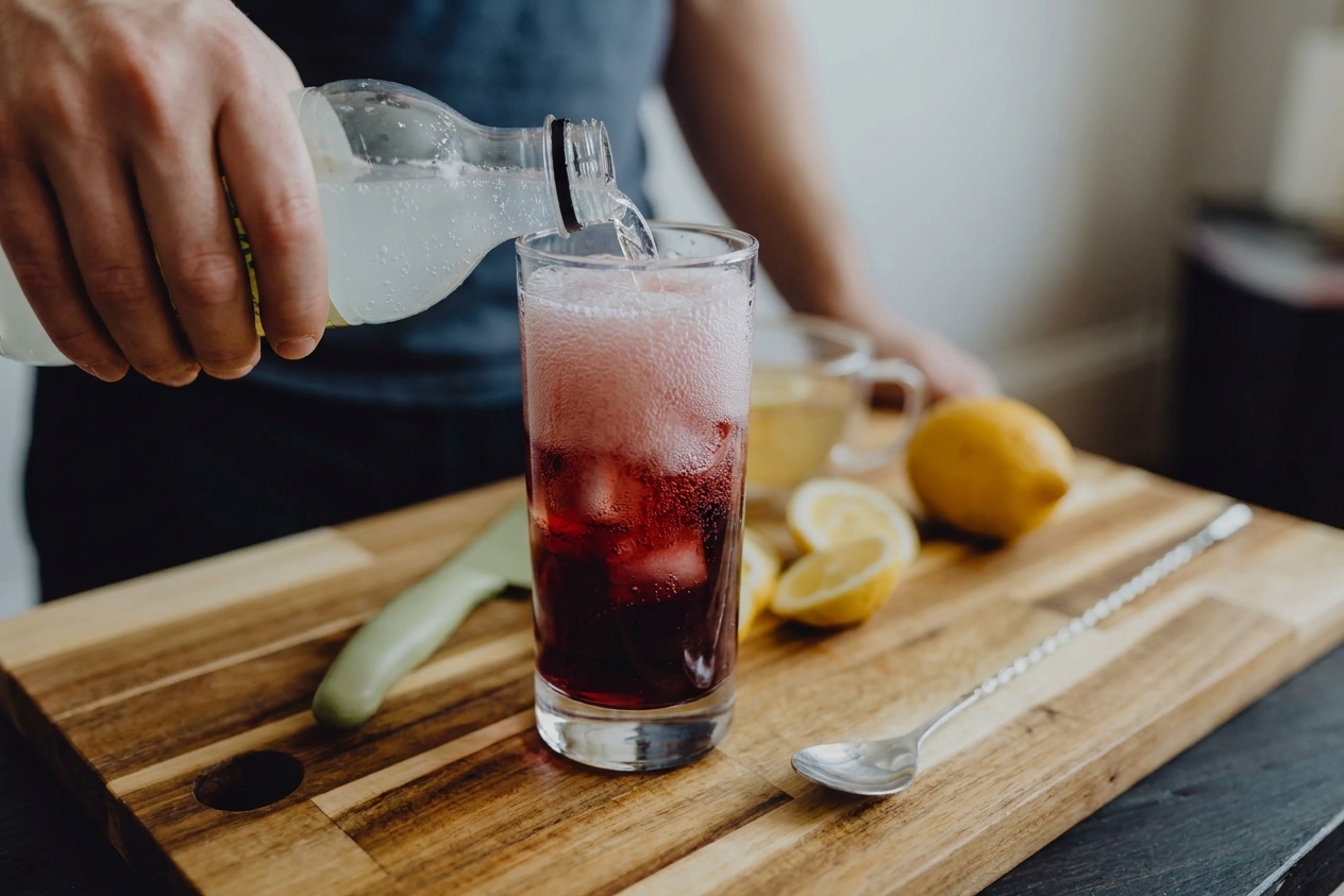 Lemon soda being poured into a glass of red wine over ice, capturing the fizz rising