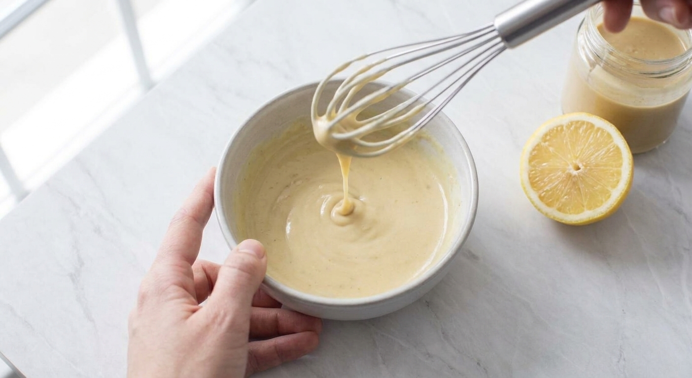 Lemon tahini sauce being whisked in a small bowl until smooth and pourable