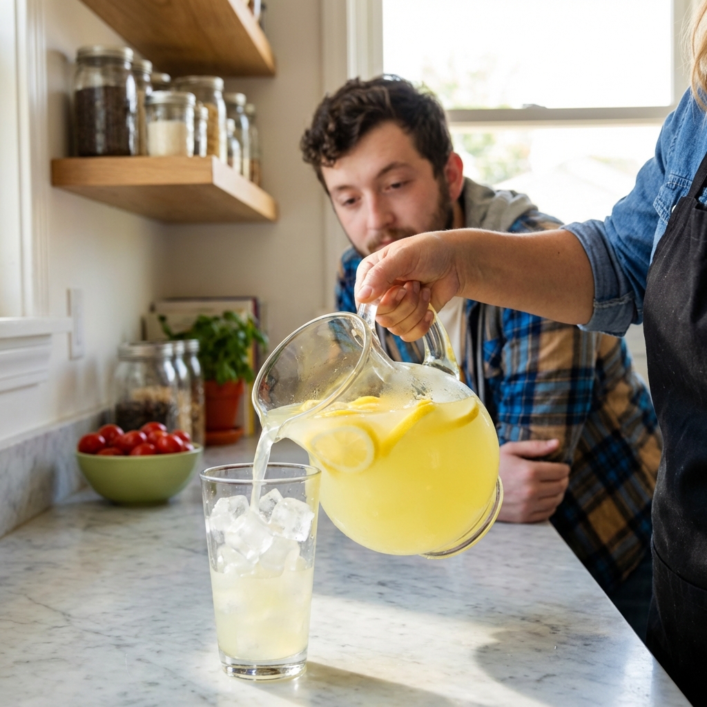 Lemonade being poured from a pitcher into an ice-filled glass on a kitchen counter