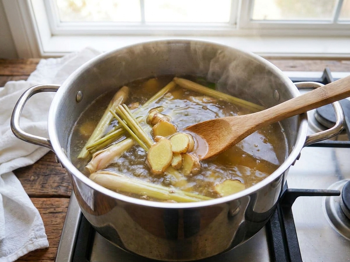 Lemongrass and ginger simmering in a pot of broth on a stovetop