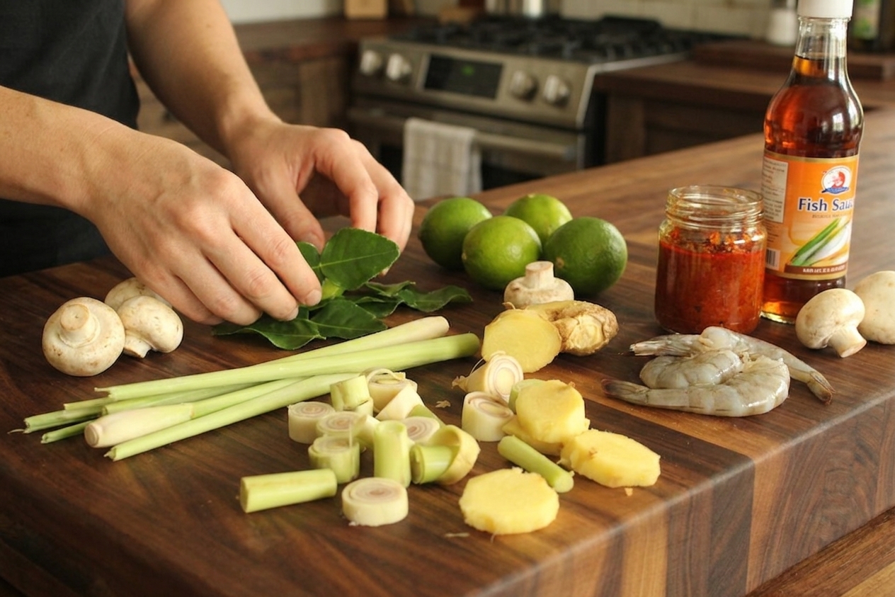 Lemongrass, galangal or ginger, makrut lime leaves, mushrooms, shrimp, limes, tom yum paste, and fish sauce arranged on a kitchen counter