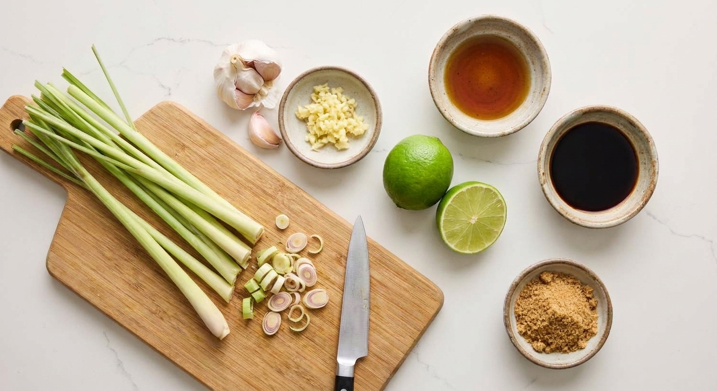 Lemongrass, garlic, lime, fish sauce, soy sauce, brown sugar, and neutral oil arranged on a light kitchen counter with small bowls