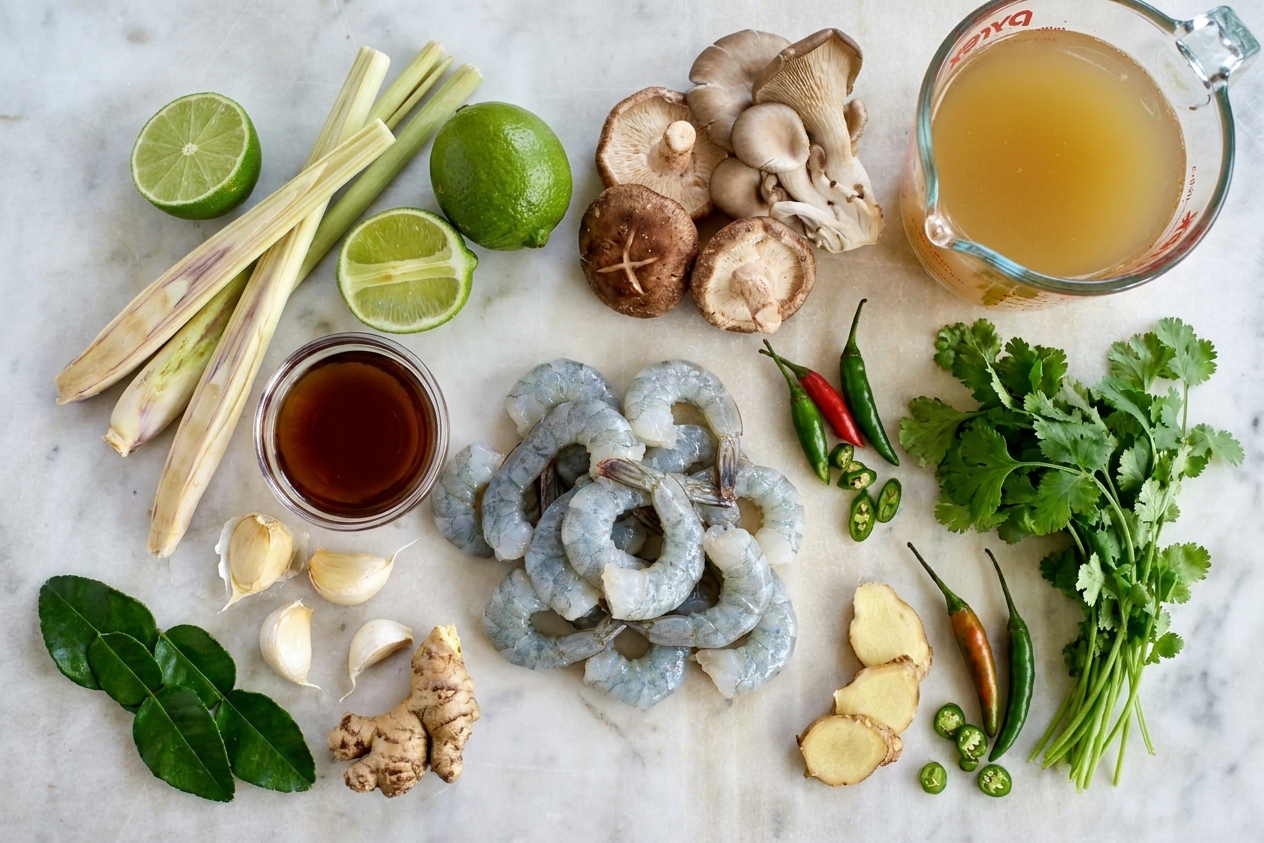 Lemongrass, limes, fish sauce, shrimp, mushrooms, cilantro, Thai chiles, and broth arranged together for cooking
