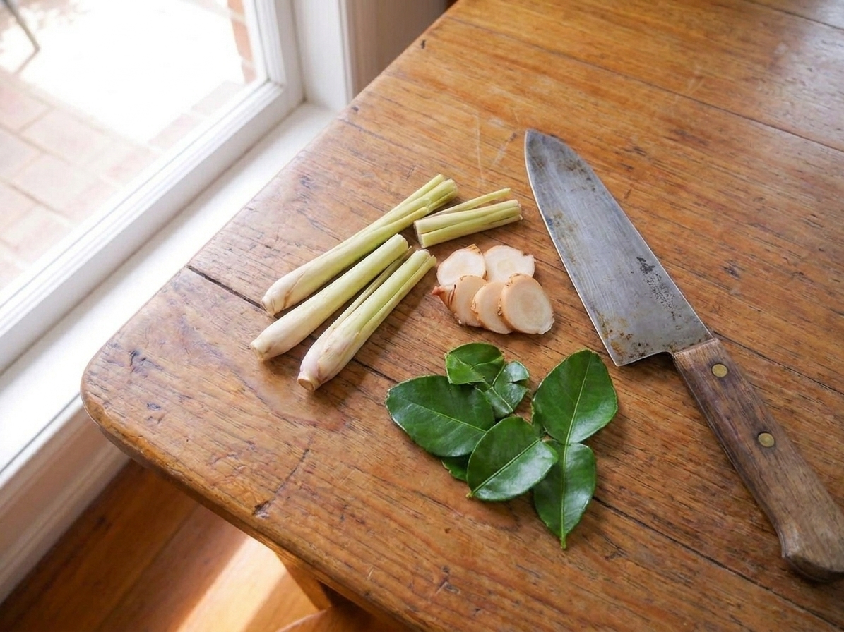 Lemongrass pieces, sliced galangal, and torn makrut lime leaves on a cutting board with a chef’s knife nearby