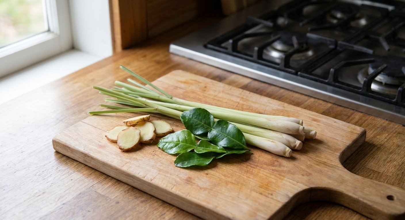 Lemongrass stalks, makrut lime leaves, and sliced galangal on a cutting board, ready for soup