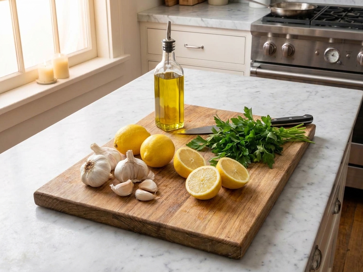 Lemons, garlic bulbs, parsley, and a bottle of olive oil arranged on a wooden cutting board on a kitchen counter