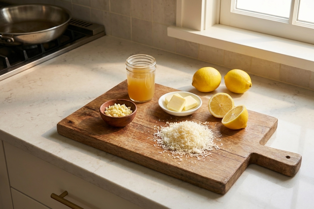 Lemons, minced garlic, chicken broth, butter, and grated Parmesan arranged on a clean kitchen counter