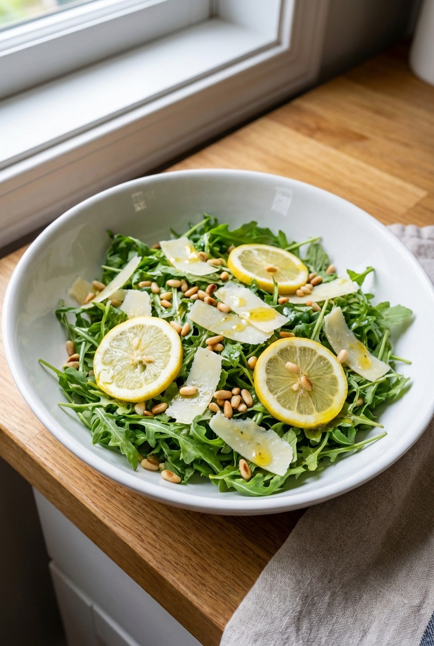 Lemony arugula salad in a white bowl