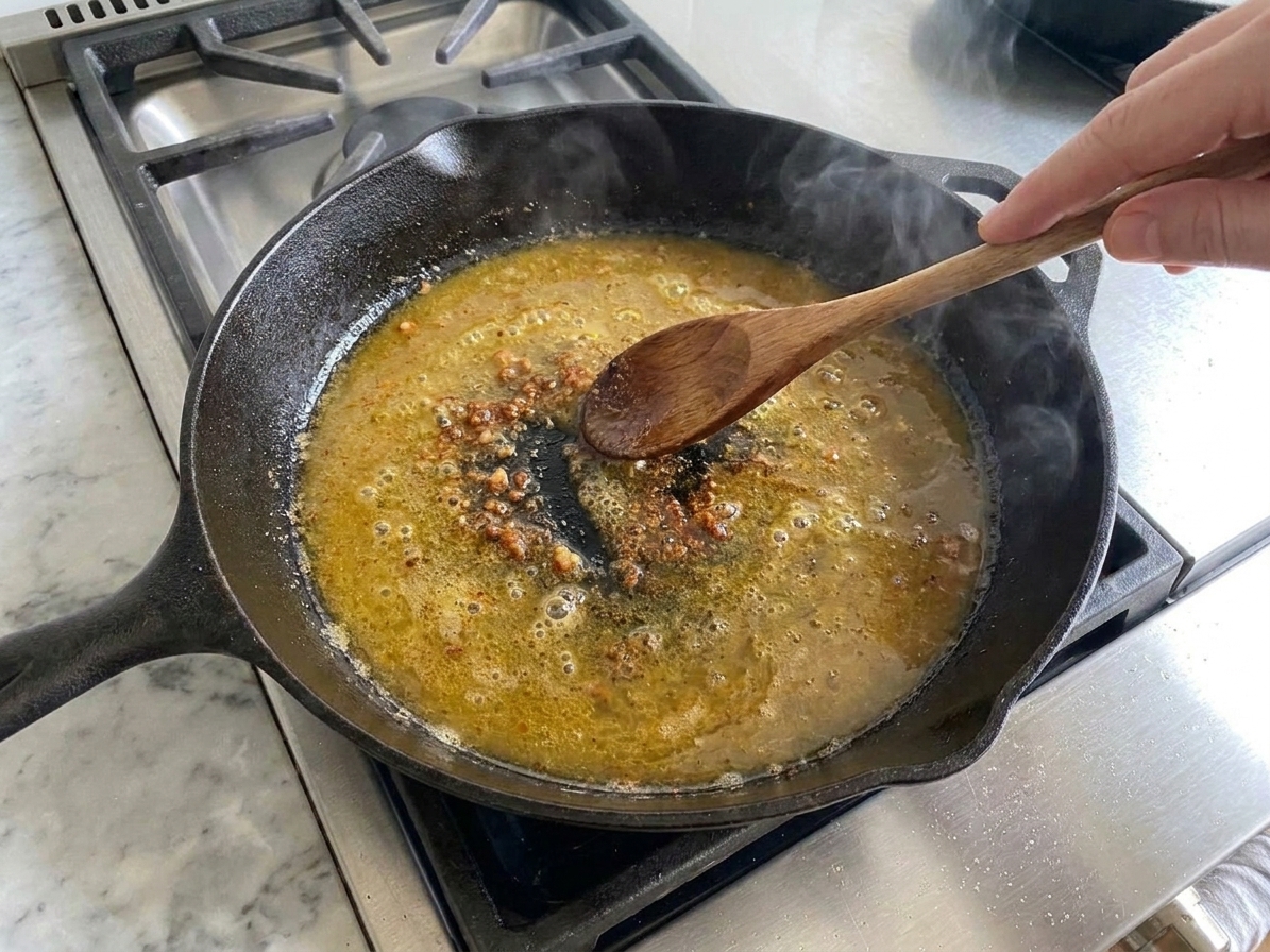 Lemony pan sauce simmering in a skillet with visible browned bits being stirred with a wooden spoon