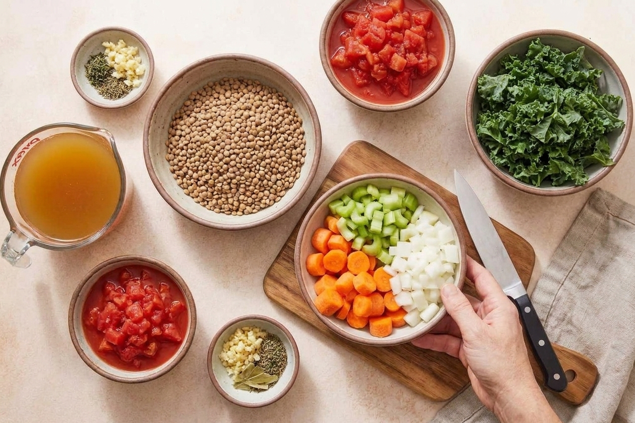 Lentils, chopped vegetables, tomatoes, broth, and greens arranged for lentil vegetable soup