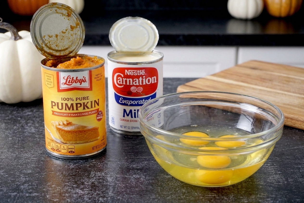 Libby’s 100% pumpkin can, a can of evaporated milk, and cracked eggs in a bowl on a kitchen counter