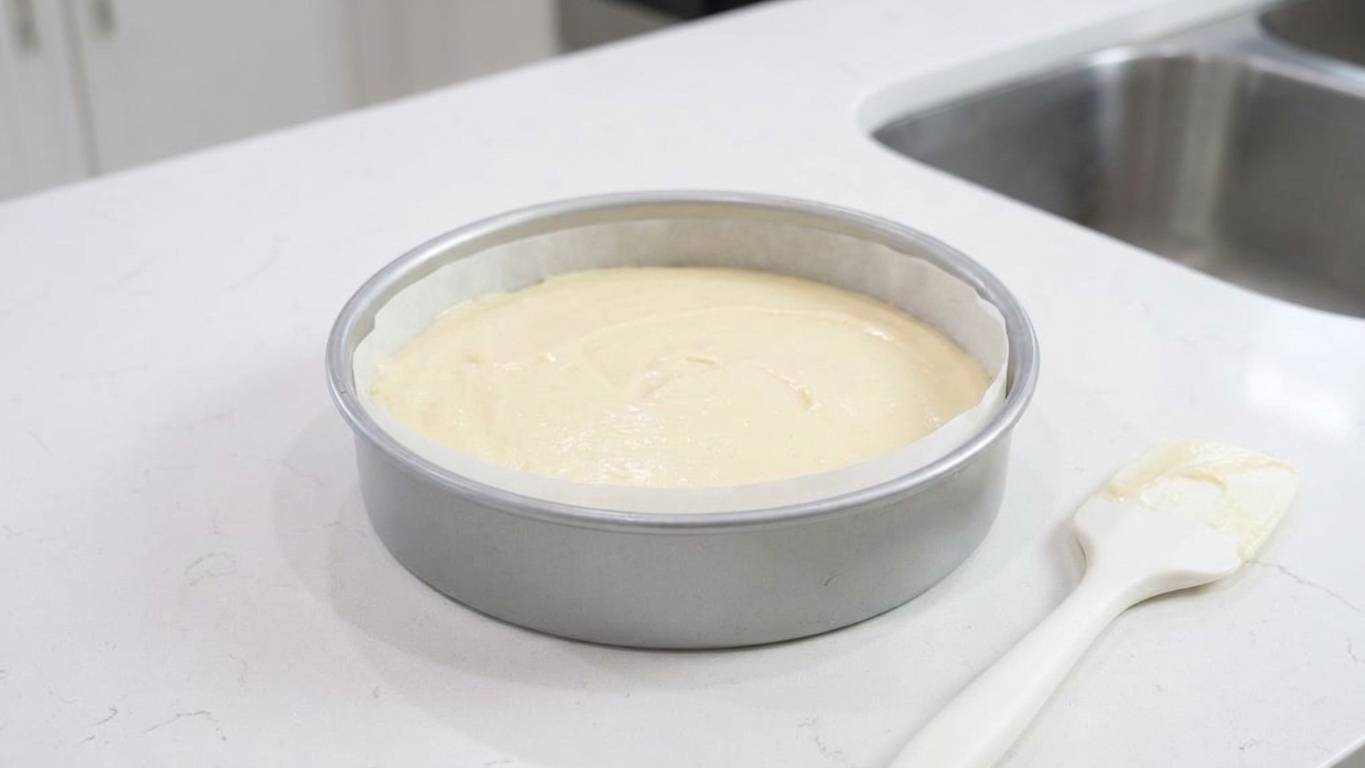 Light sponge cake batter spread evenly in a parchment-lined round cake pan on a kitchen counter