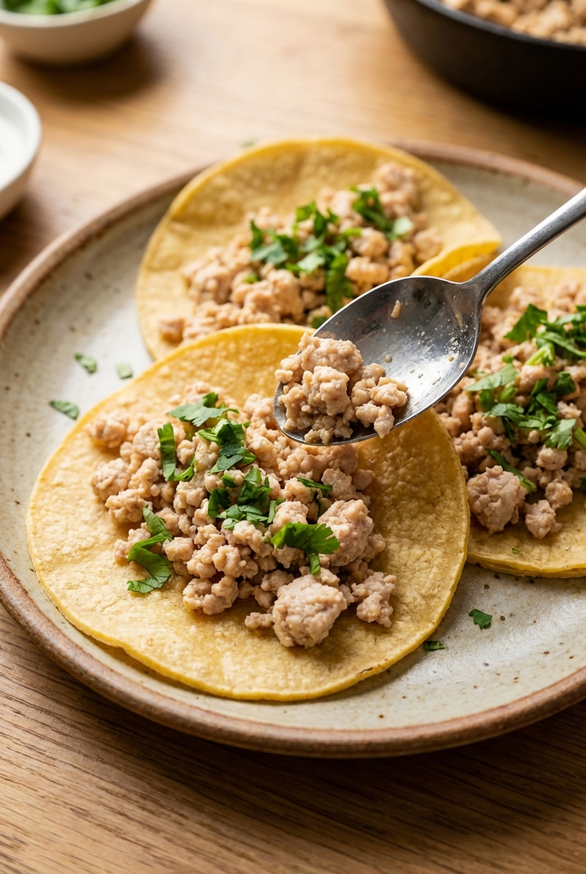 Light taco meat spooned into warm tortillas on a plate with cilantro