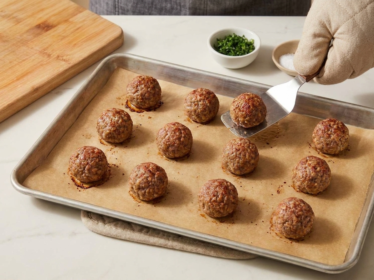 Lightly browned meatballs on a sheet pan just out of the oven, with crisped edges visible