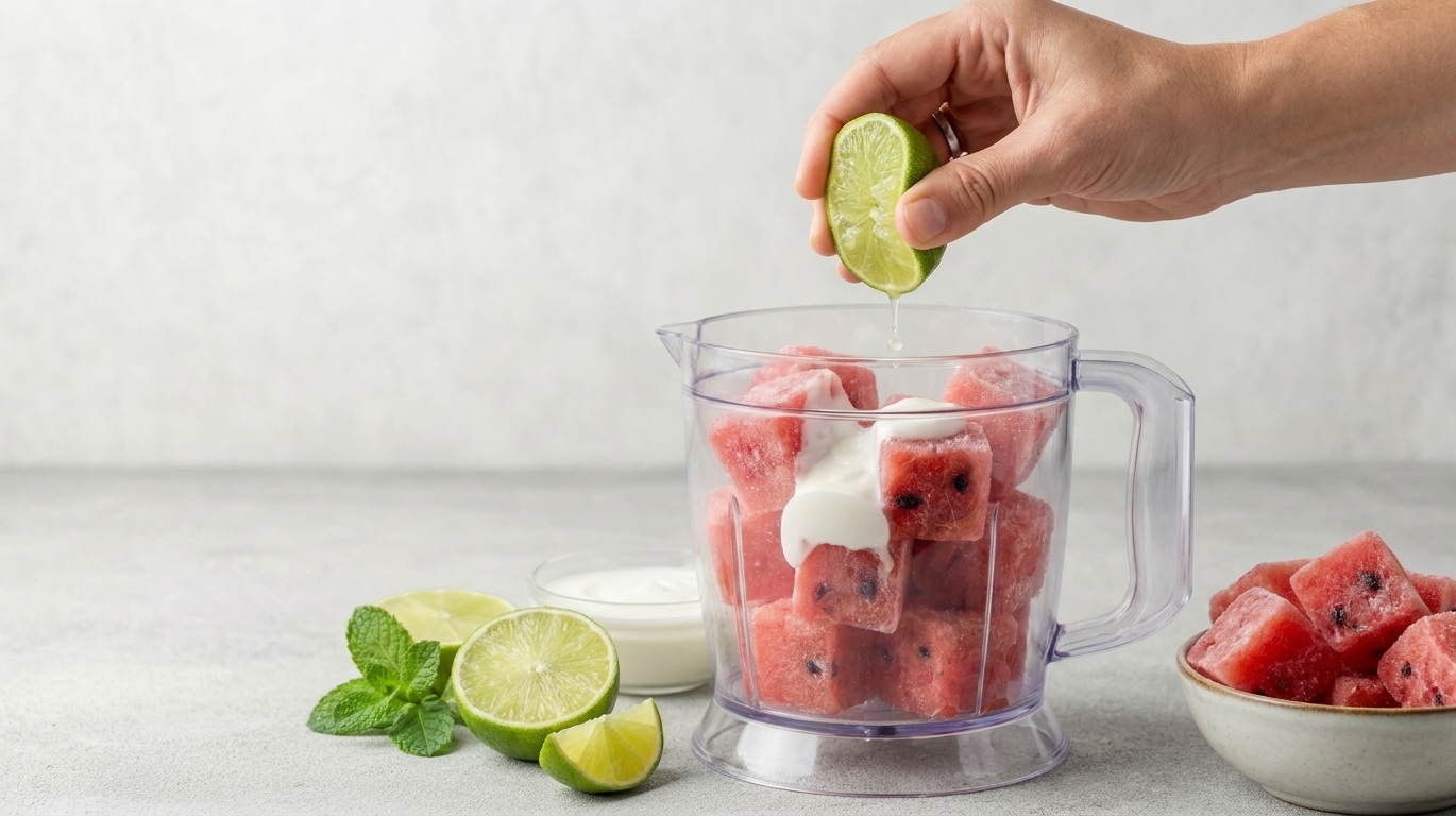 Lime being squeezed into a blender with watermelon and yogurt