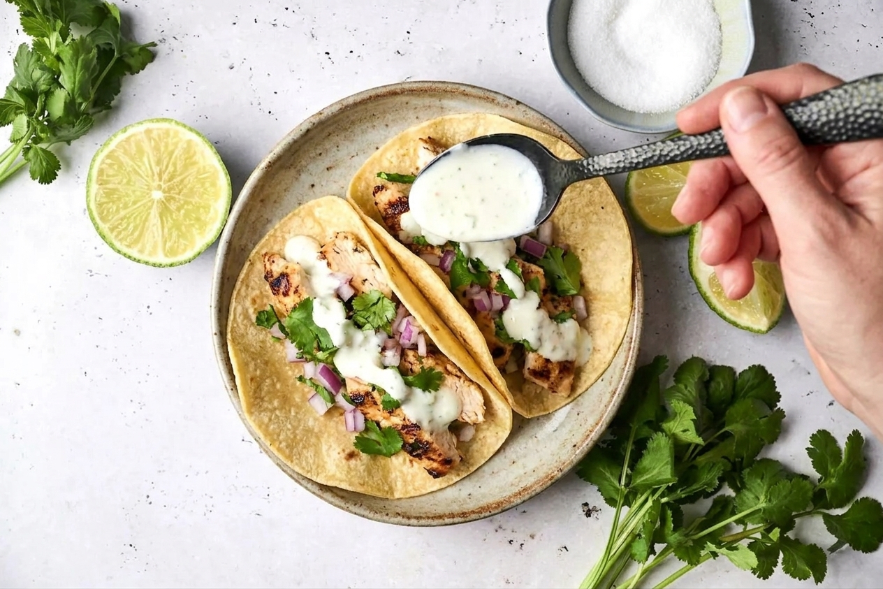 Lime crema being drizzled from a spoon over chicken tacos on a plate with cilantro and lime wedges
