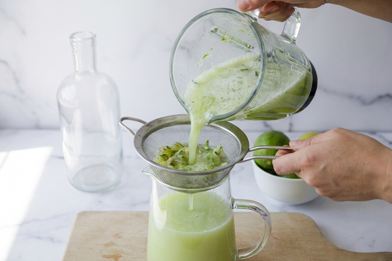 Lime mixture being poured through a fine mesh strainer into a glass pitcher, with pulp collected in the strainer