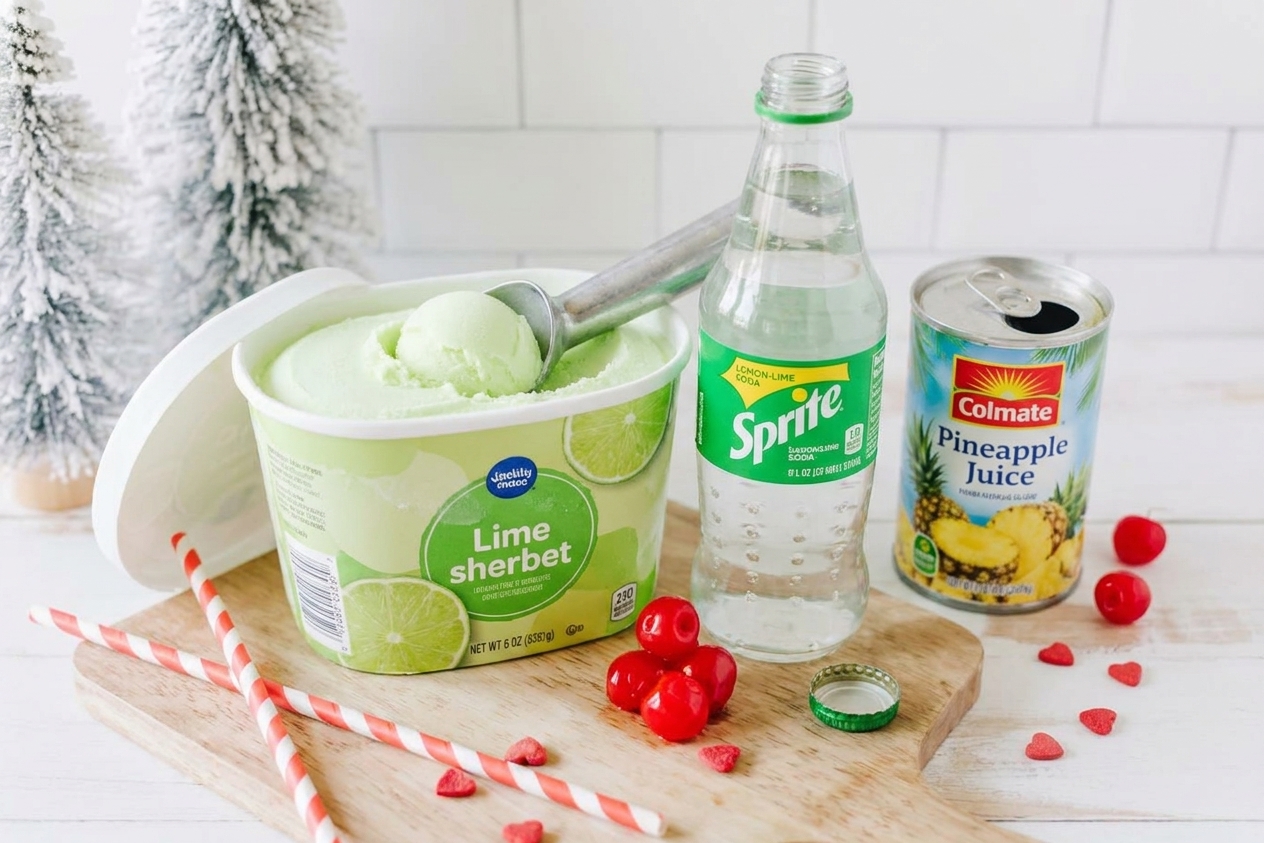 Lime sherbet tub beside an open bottle of lemon-lime soda and a can of pineapple juice on a bright kitchen counter