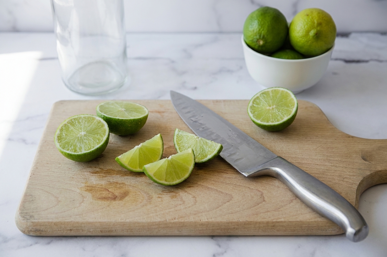 Lime wedges on a wooden cutting board with a chef's knife, seeds removed, on a bright kitchen counter