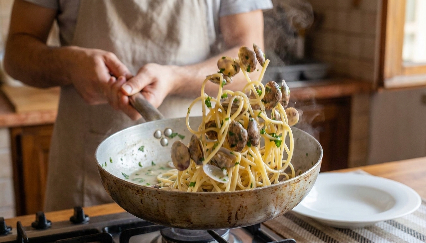 Linguine being tossed in a skillet with white clam sauce and parsley
