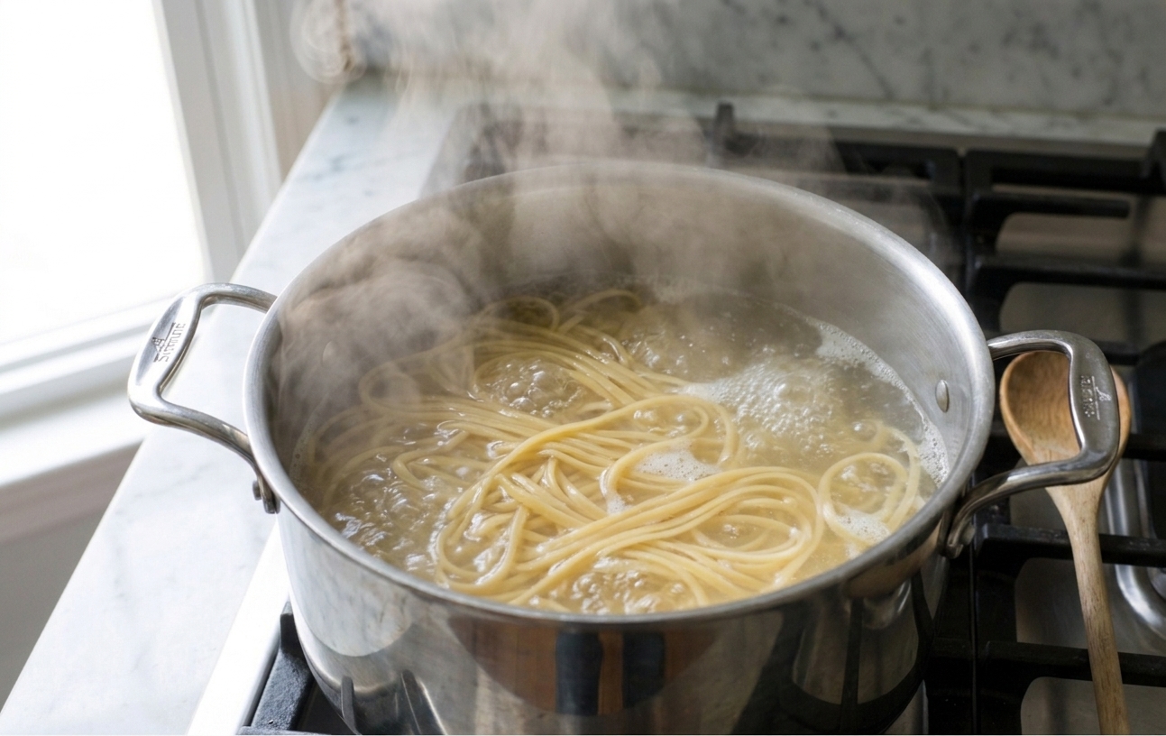 Linguine noodles boiling in a large pot of salted water on a stovetop with steam rising