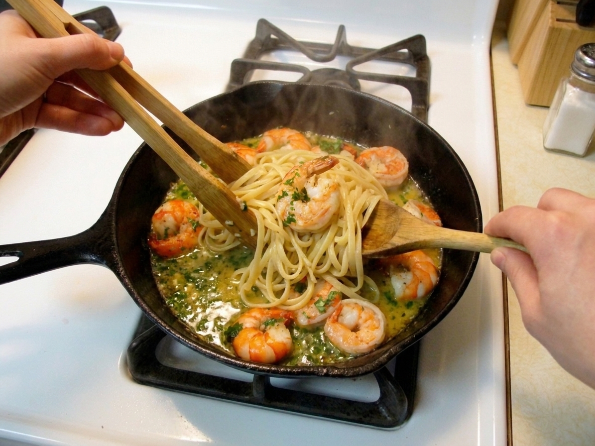 Linguine tossed in a skillet with shrimp, parsley, and glossy lemon garlic butter sauce