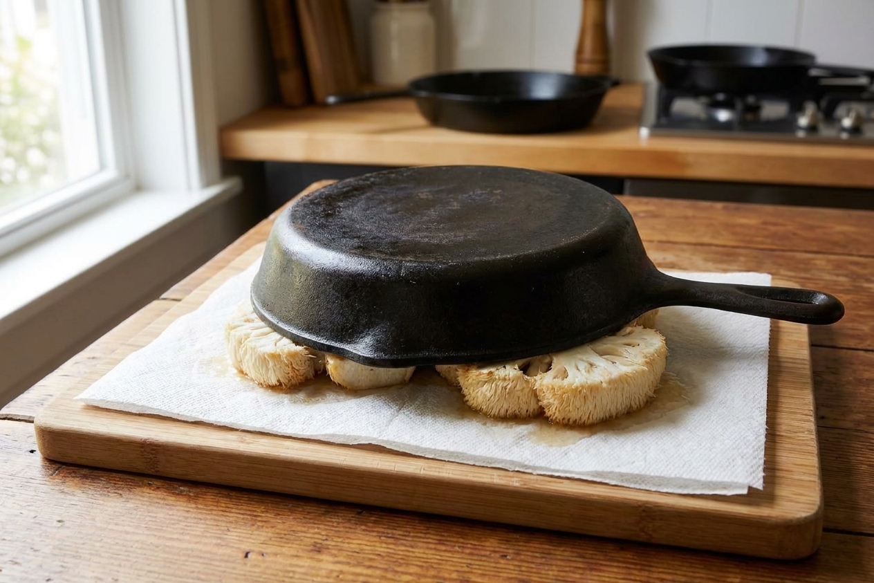 Lion’s mane mushroom slabs pressed under a heavy skillet on a cutting board lined with paper towels, in a bright home kitchen