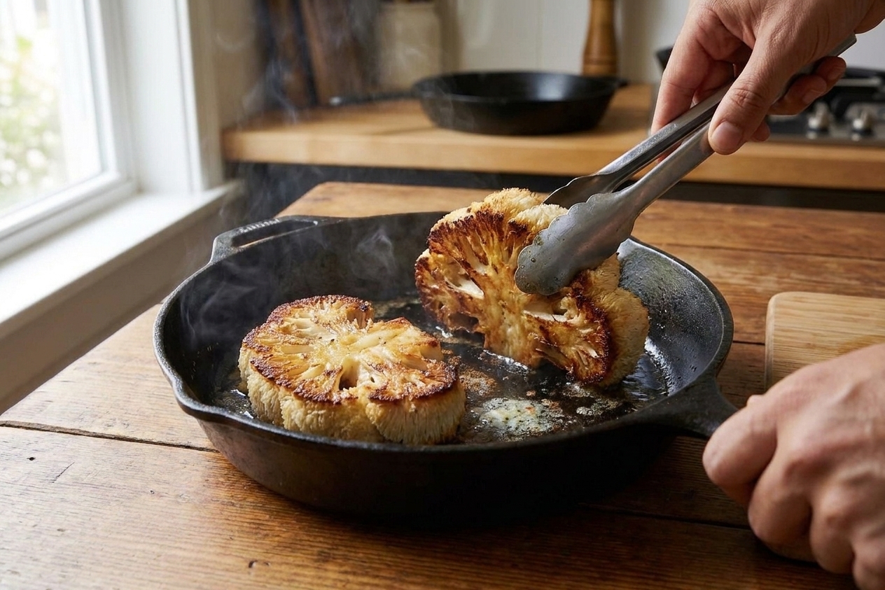 Lion’s mane mushroom steaks browning in a cast iron skillet with visible golden crust forming on the edges