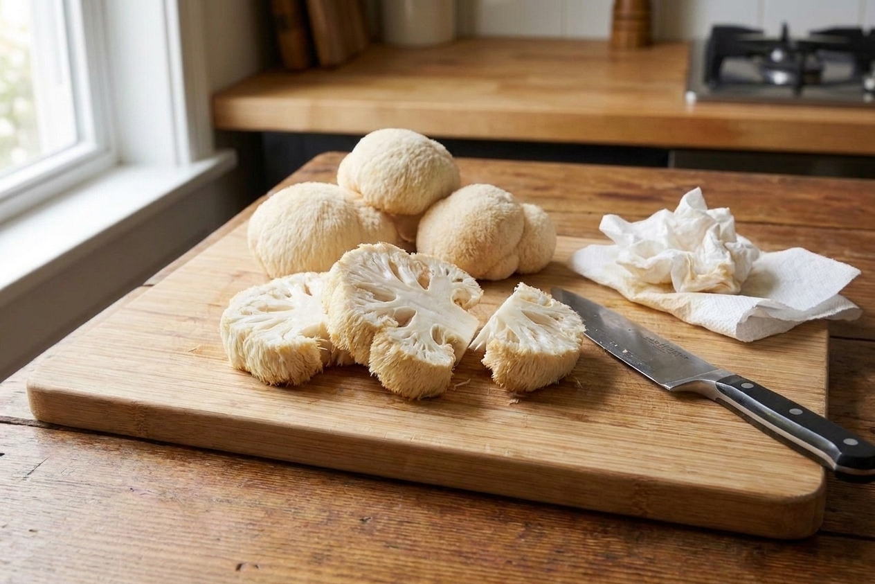 Lion’s mane mushrooms torn into thick steak-like slabs on a wooden cutting board with a knife and paper towels nearby