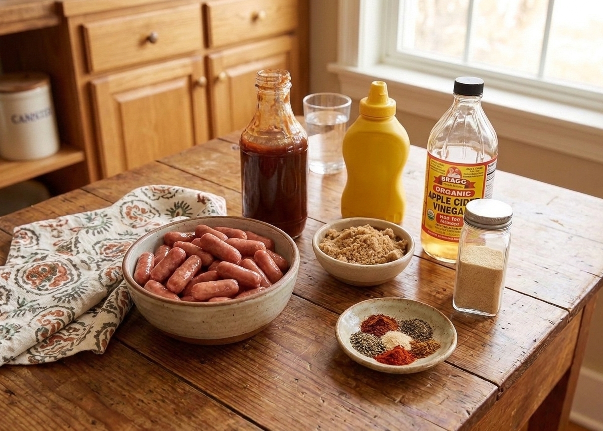 Little smokies, barbecue sauce, brown sugar, mustard, apple cider vinegar, garlic powder, and spices arranged on a bright kitchen counter