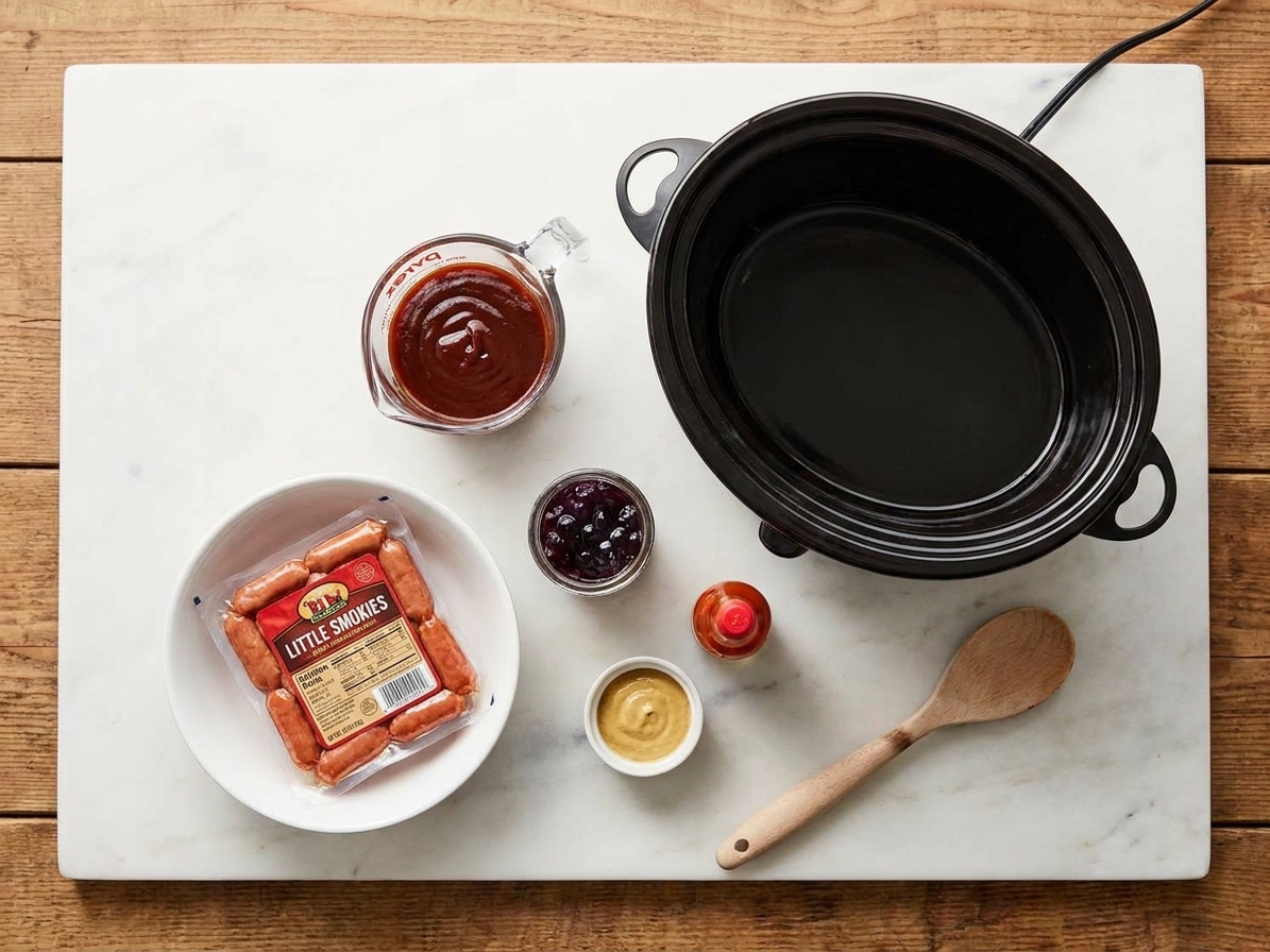 Little smokies, barbecue sauce, grape jelly, Dijon mustard, and hot sauce measured on a clean kitchen counter with a slow cooker nearby