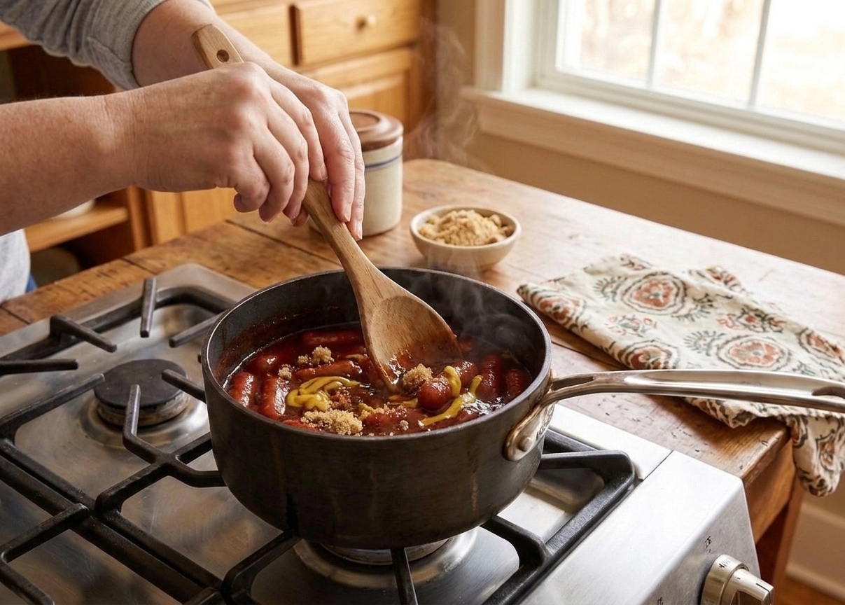 Little smokies in a saucepan with barbecue sauce, brown sugar, and mustard being stirred together with a wooden spoon
