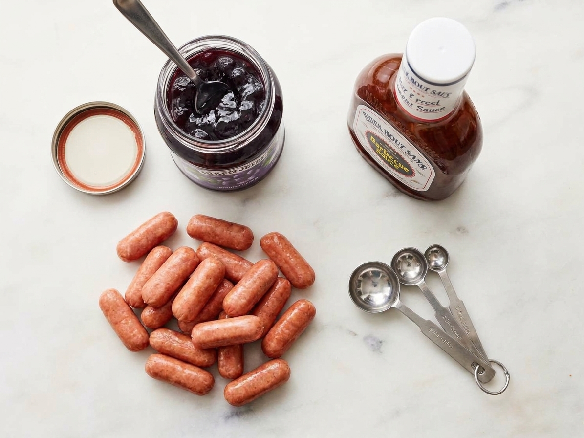 Little smokies sausages, a jar of grape jelly, and a bottle of barbecue sauce arranged on a clean kitchen counter with measuring spoons nearby