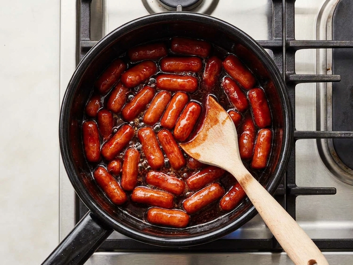 Little smokies simmering in a dark sweet and tangy sauce in a saucepan on a stovetop