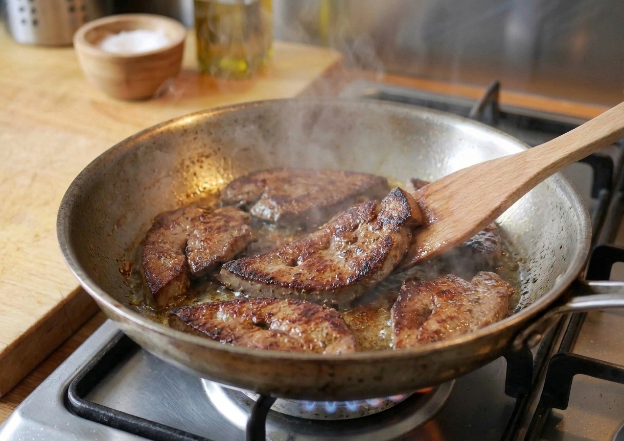 Liver slices browning quickly in a hot skillet with crisp edges forming