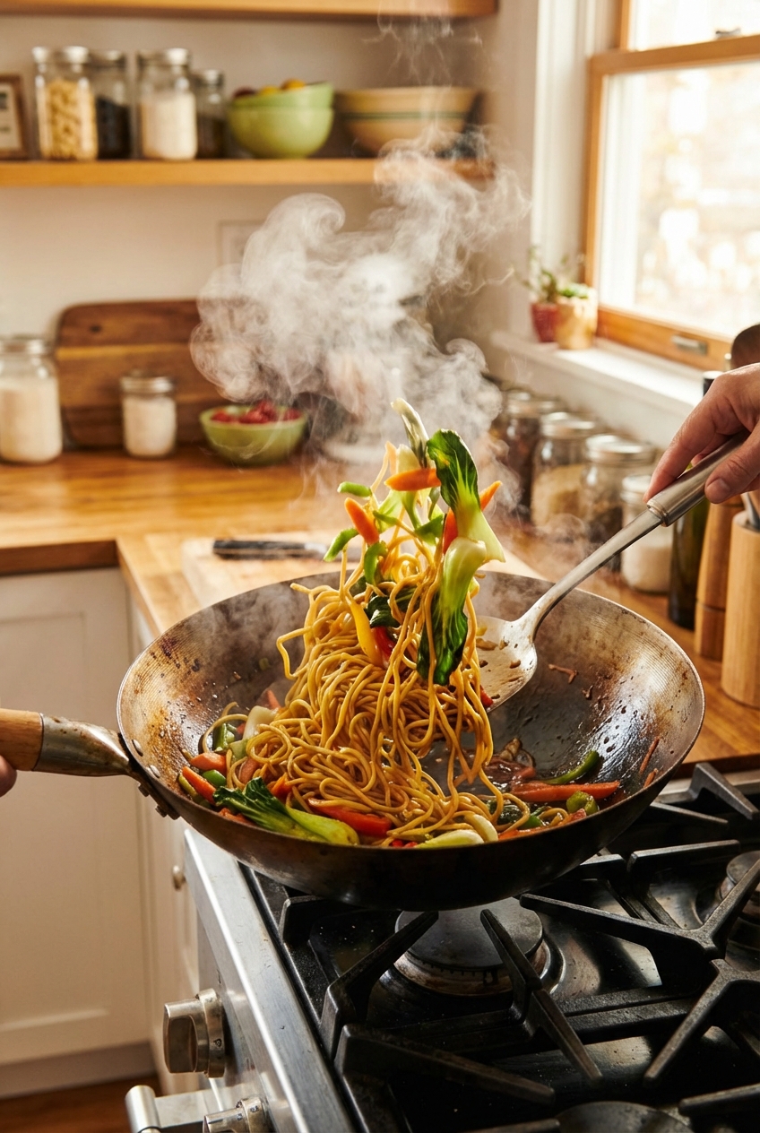 Lo mein noodles being tossed in a wok with vegetables as sauce coats everything, with steam rising