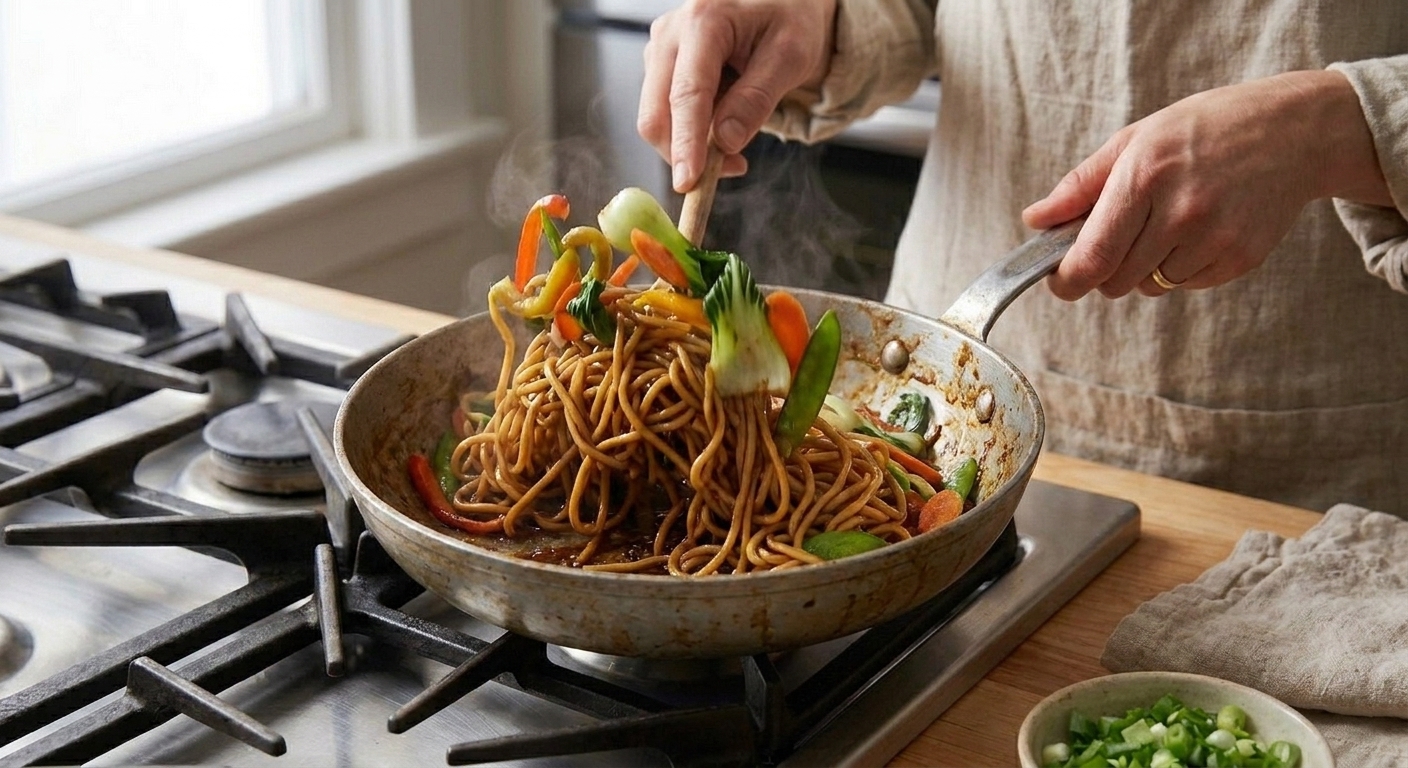 Lo mein noodles being tossed with sauce and mixed vegetables in a large skillet on the stovetop